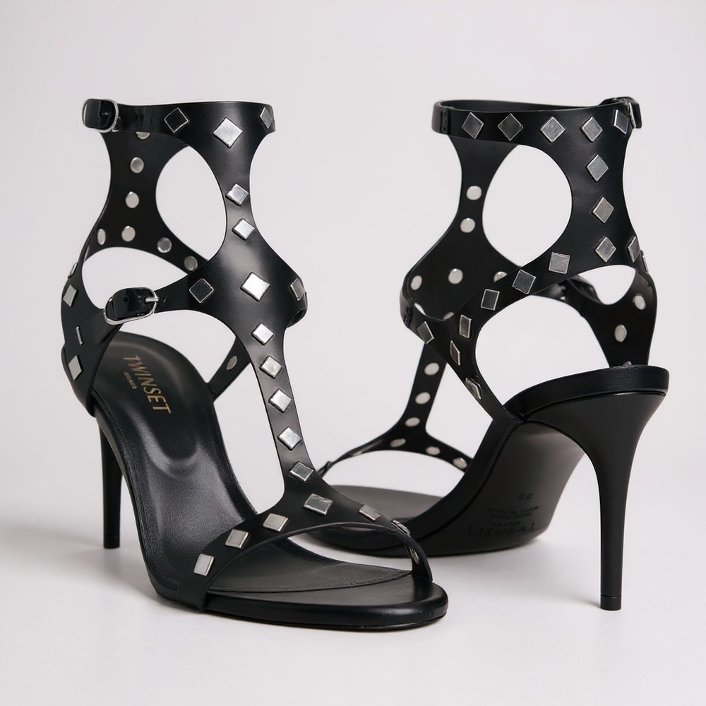 NEW TWINSET Milano Ankle Strap Studded Leather Sandals, Black, 38/US7